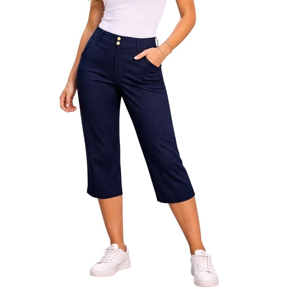 Chaps Capri Pants Womens 6P Navy Blue Chino Petite Gold Button Stretch